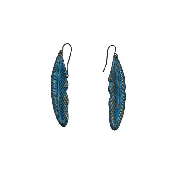 Unknown Jewelry - Blue Hand-Painted Brass Feather Earrings